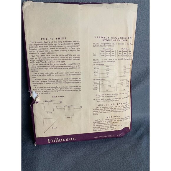 Folkwear Men and Women Poet's Shirt Sewing Pattern from Times Past 217 - Uncut - Picture 4 of 9